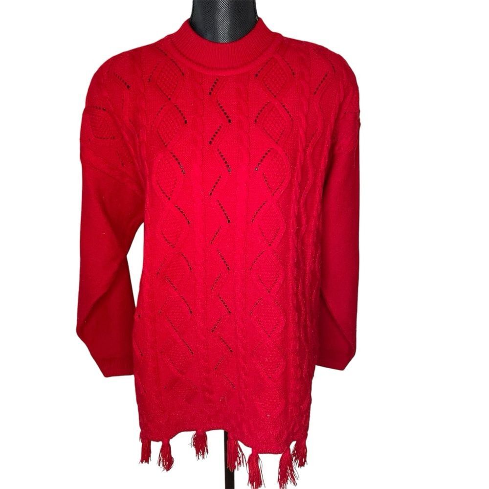 Vintage Katherine Marie Sweater Tassel Fringe Cable Knit Acrylic Red Size Large